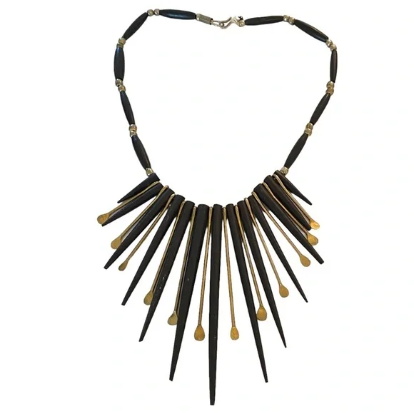 Vintage ebony wood black gold spikes kinetic statement necklace brutalist